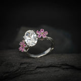 Anillo de compromiso con moissanita de 3.0ct corte oval con certificado GRA, zafiros naturales laterales elaborado en oro blanco de 14k