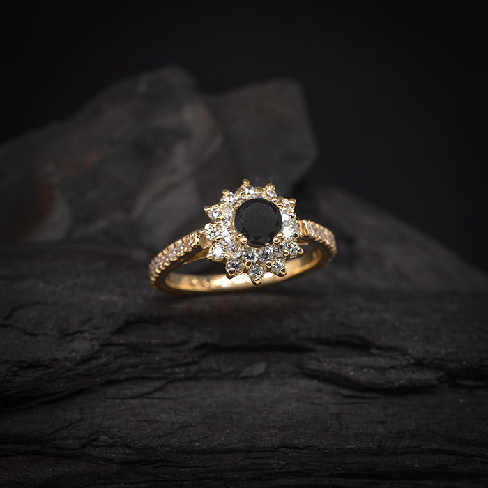 Anillo De Oro De 14 K, Oro Amarillo, Diamantes Negros, Anillo Para