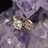Anillo de compromiso con diamante natural de 1.0ct corte brillante con certificación GIA, 12 diamantes y 6 zafiros naturales elaborado en oro amarillo de 14k