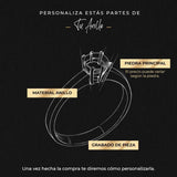 Anillo de compromiso con moissanita de .50ct y cristales laterales elaborado en oro rosa de 14 kilates