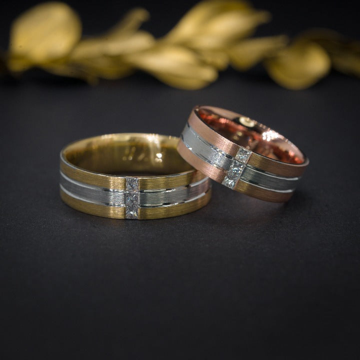 Par de argollas de matrimonio macizas de 6mm con incrustación de diamantes naturales elaboradas en oro de 14 kilates